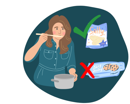 Illustration of a person tasting something, chips and cookies float in the background