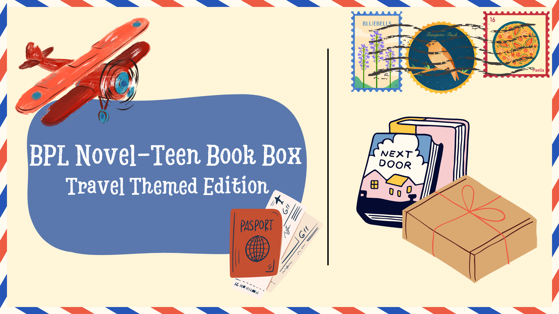 BPL Novel-Teen Book Box: Travel Themed Edition, illustration of an airplane, passport, package, and a book