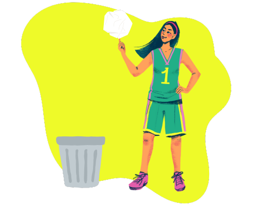 Illustration of a girl in a basketball uniform holding crumpled paper next to a trashcan