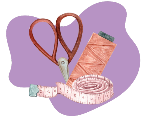 Illustration of scissors, thread, and a tape measure