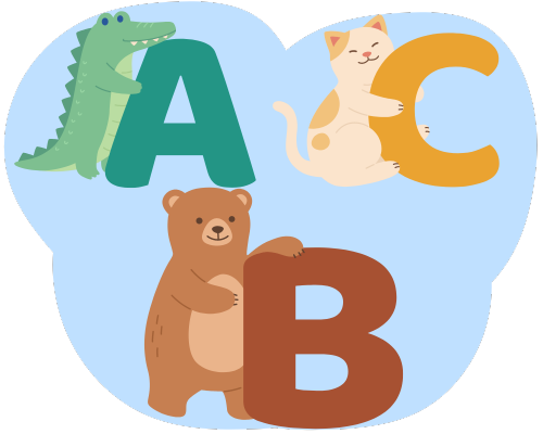 Illustration of letters A, B, and C. Also an alligator, bear, and cat.