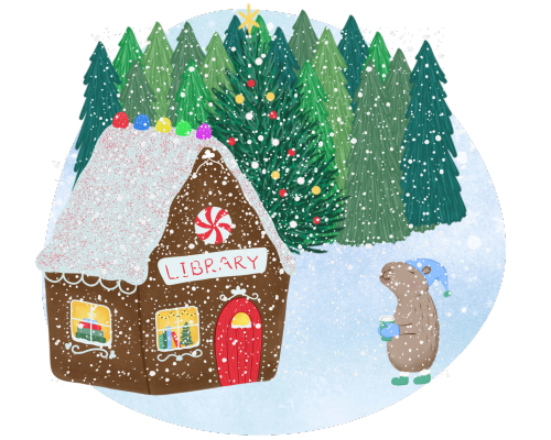 Illustration of a capybara and gingerbread library in a snowy forest