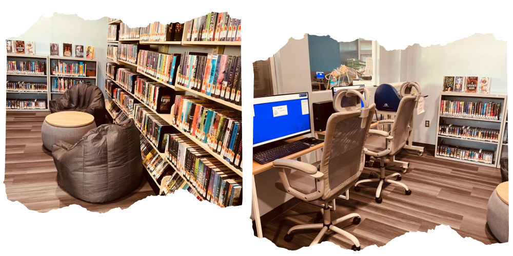 Image of Benbrook Public Library teen room: bean bags, a small round table, shelves of books, and computer stations