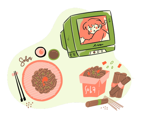 Illustration of soba noodles and a