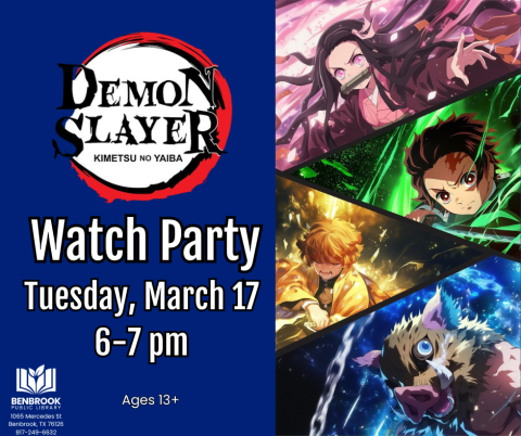 Demon Slayer Watch Party, Tuesday, March 17, 6-7 pm