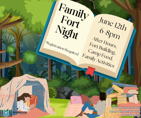 Family Fort Night. June 12th 6-8pm. After Hours, Fort Building, Camp Food, Family Activities. Registration required.