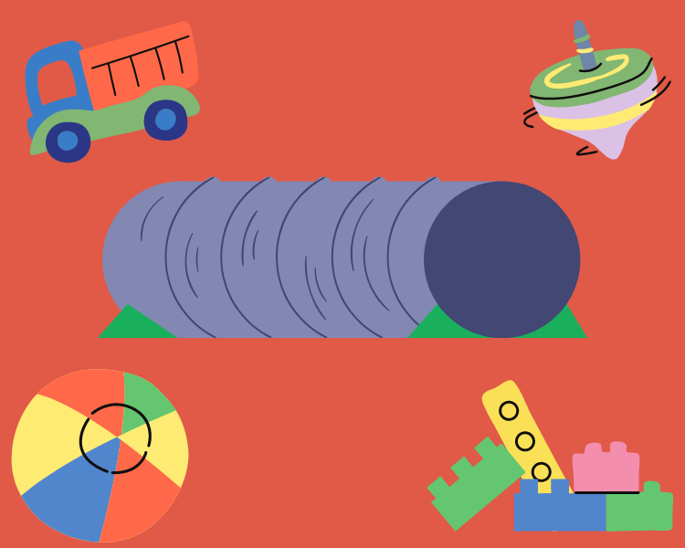 Various toys, including a tunnel, lego, truck