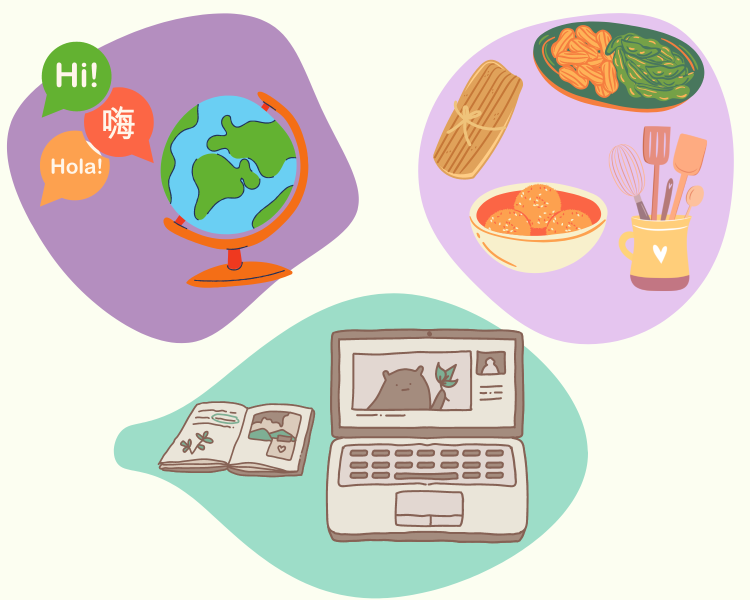 an illustration of a globe, a laptop and journal, cooking utensils and foods from various cultures