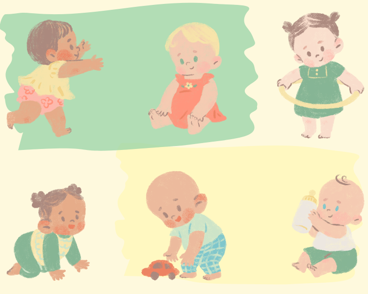 illustration of six babies crawling, walking, and playing with toys