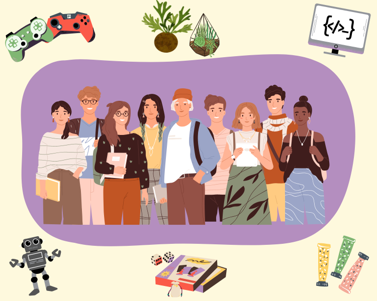 illustration of a group of teens; video game controllers, plants, paint, board games float in the background