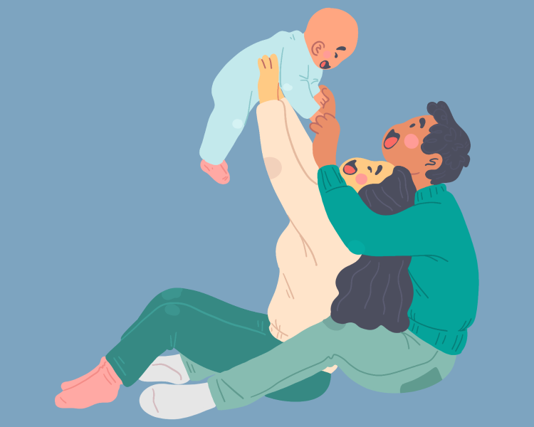 illustrations of two adults holding a baby in the air