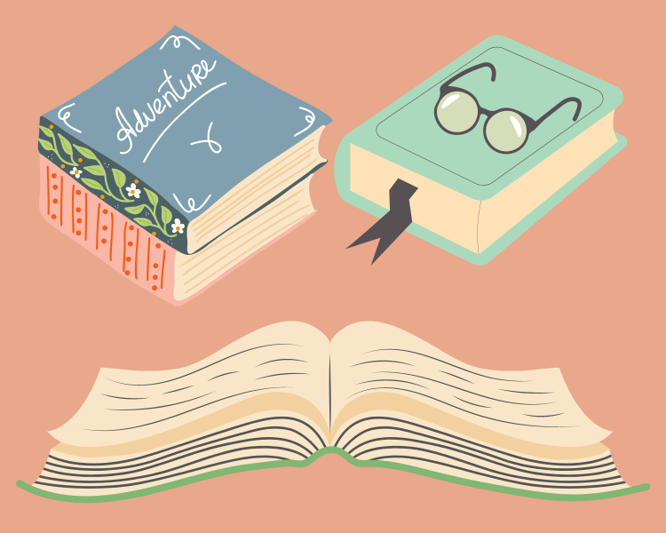 illustration of a stack of books; one reads "adventure" and the other has a pair of glasses on the cover