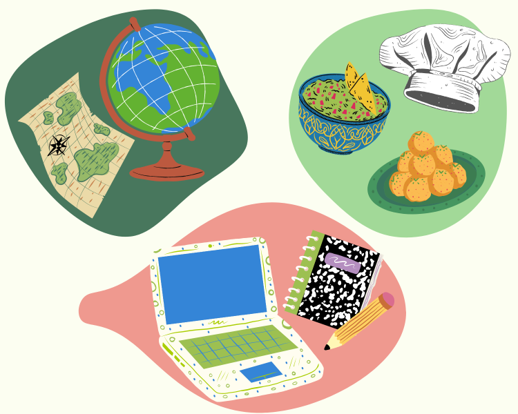 Illustration of a globe and map, chef hat and meals, and a laptop and journal