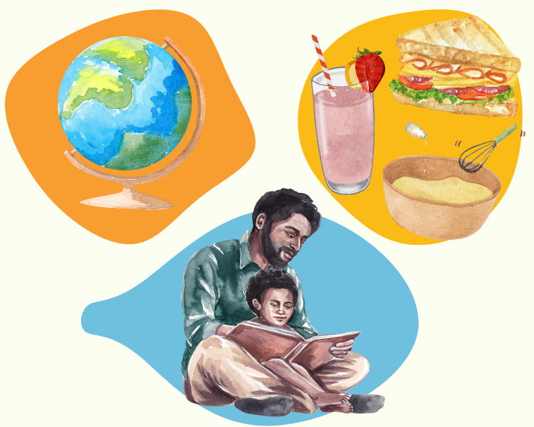 Illustration of a globe, sandwiches and smoothies, and an adult and child reading together